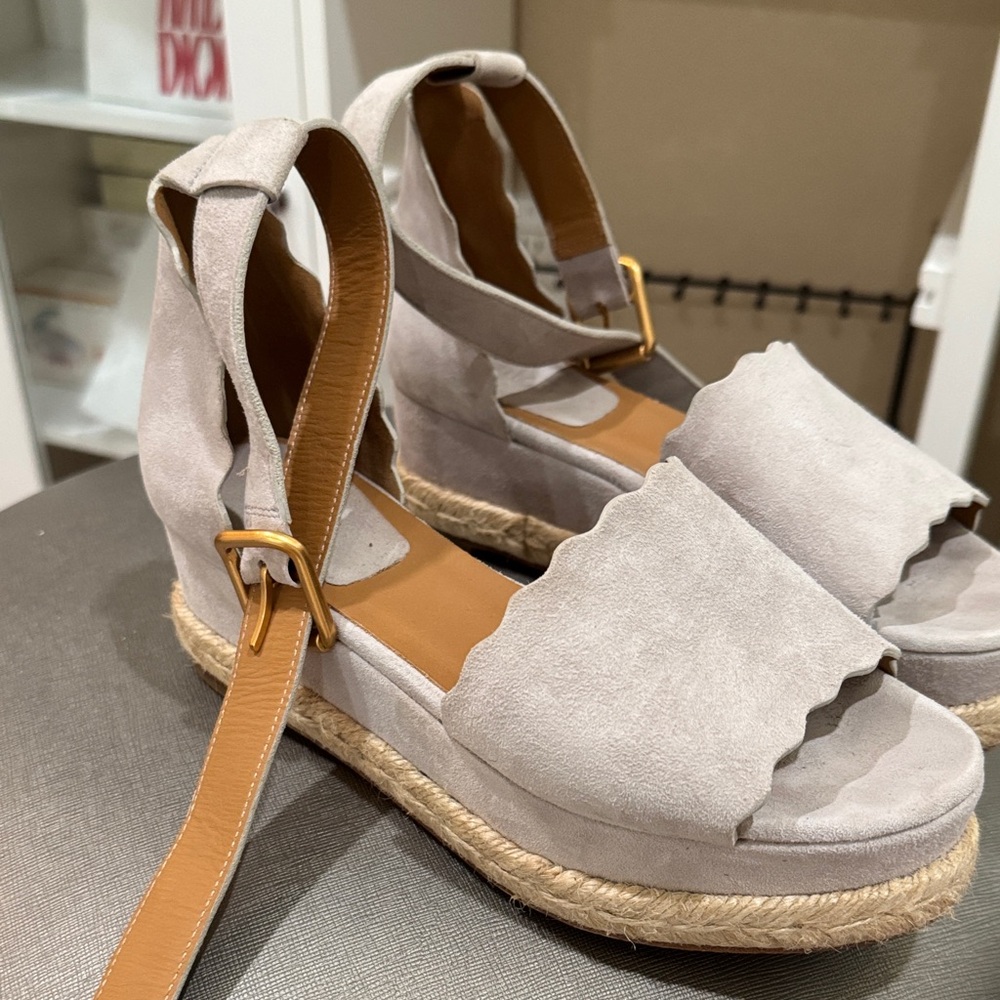 Chloé Light Gray Suede Espadrille Wedge Sandals with Tan Ankle Straps